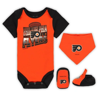 Mitchell & Ness Babies' Infant  Orange/black Philadelphia Flyers Big Score 3-pack Bodysuit, Bib And Bootie Se