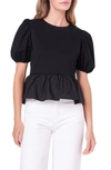 English Factory Mixed Media Puff Sleeve Peplum Top In Black