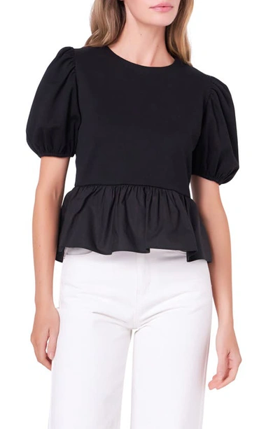 English Factory Mixed Media Puff Sleeve Peplum Top In Black