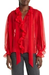 Frame Ruffle Silk Shirt In Cherry Red