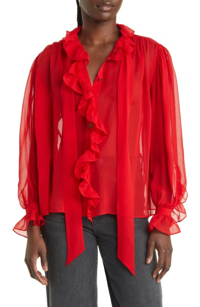 Frame Ruffle Silk Shirt In Cherry Red