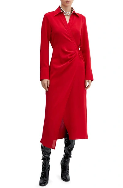 Mango Bilma Wrap Front Long Sleeve Midi Dress In Red