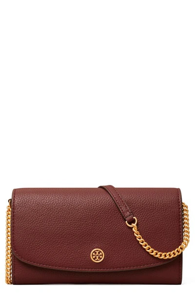 Tory Burch Robinson Leather Wallet On A Chain In Claret/gold