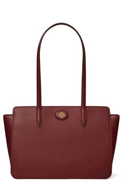 Tory Burch Small Robinson Pebble Leather Tote In Claret/gold