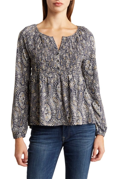 Lucky Brand Paisley Smocked Long Sleeve Top In Blue Multi