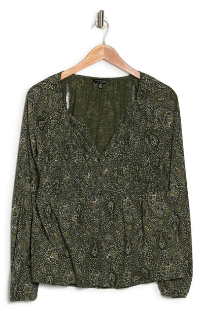 Lucky Brand Paisley Smocked Long Sleeve Top In Olive Multi
