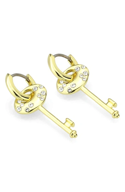 Covet Pavé Crystal Key Drop Huggie Hoop Earrings In Gold