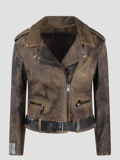 Golden Goose Chiodo Leather Jacket In Brown