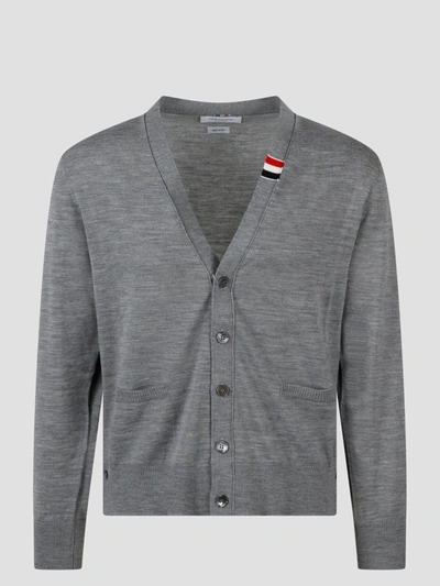 Thom Browne Rwb Stripe Fine Merino Wool Cardigan In Grey
