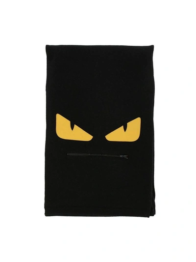 Fendi Monster Eyes Scarf In Pure Virgin Wool With Maxi Zip Pocket And Eyes Bag Bugs In Leather In Black