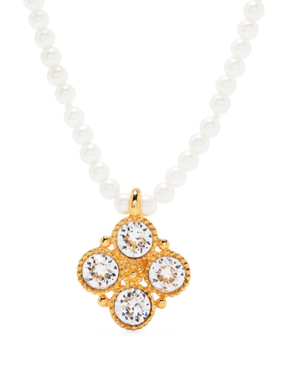 Kenneth Jay Lane Crystal-pendant Pearl Necklace In White