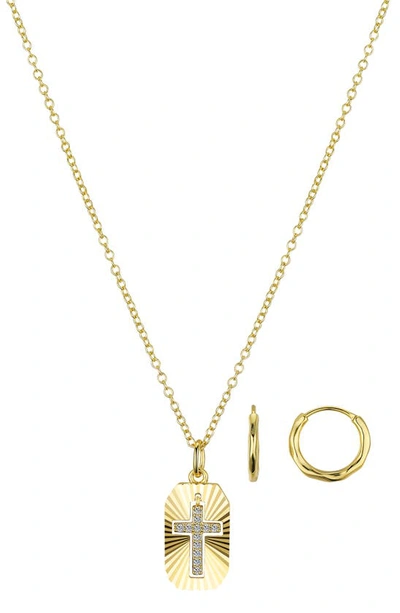 La Rocks 14k Gold Plated Huggie Hoop Earrings & Cz Cross Pendant Necklace Set