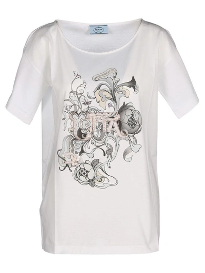 Prada Tshirt Peonia Print In White + Grey