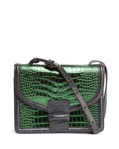 Dries Van Noten Shiny Stamped Leather Shoulder Bag, Green | ModeSens
