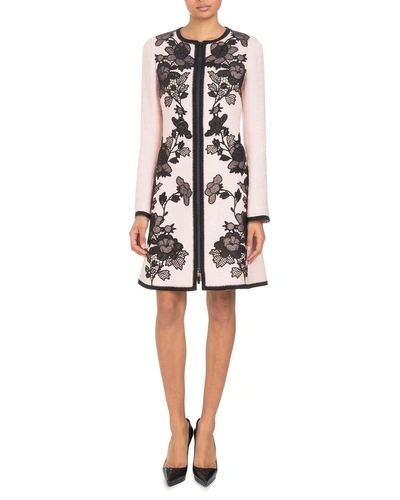 Andrew Gn Zip-front Long-sleeve A-line Floral-embroidered Coat In Pink/black