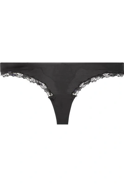 La Perla Love Stone Embroidered Swiss-dot Tulle, Stretch-jersey And Lace Thong In Black
