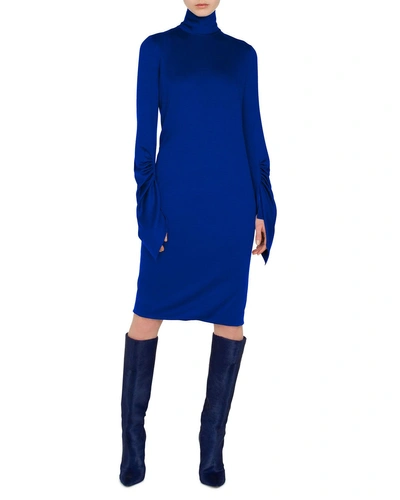 Akris Mock-neck Draped-sleeve A-line Cashmere-silk Jersey Dress In Blue