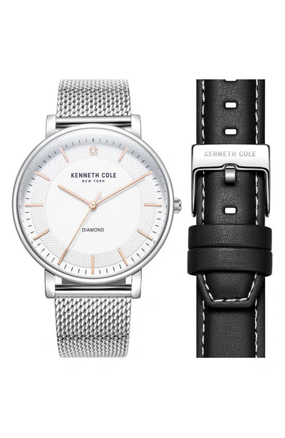 Kenneth Cole Three-hand Quartz Diamond Dial Watch & Interchangeable Strap Set, 42mm In Silver / Black