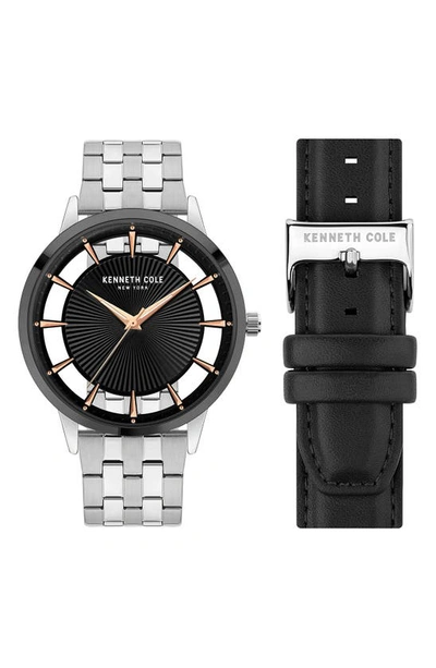 Kenneth Cole Three Hand Quartz Watch & Interchangeable Strap Set, 45mm In Silver / Black