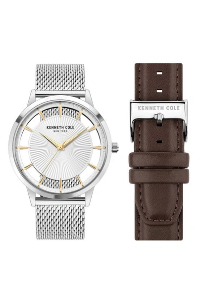 Kenneth Cole Three-hand Quartz Watch With Interchangeable Straps, 45mm In Silver / Brown