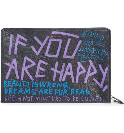 Balenciaga Bazar 'if You Are Happy, Be Kind' Graffiti Leather Pouch Bag In Noir/ Bleu/ Violet