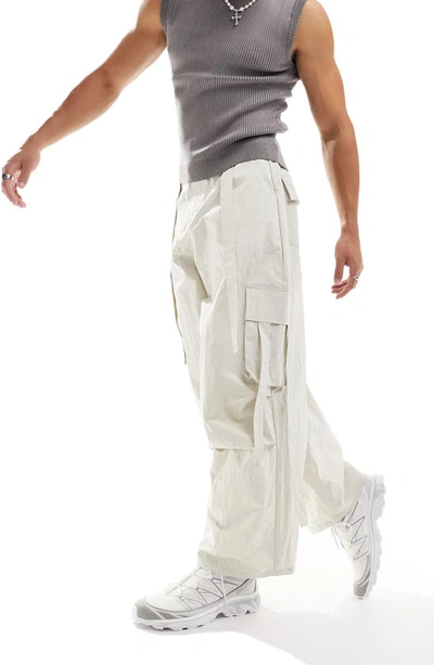 Asos Design Crinkle Nylon Cargo Pants In Cream