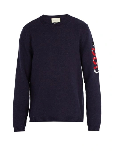 Gucci Snake Embroidered Jumper In Blue