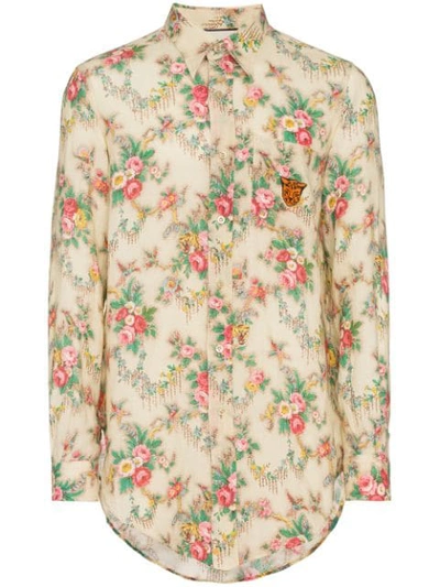 Gucci Tiger-embroidered Floral-print Linen Shirt In Nude/neutrals