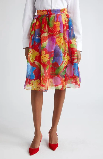 Carolina Herrera Floral Print Silk Skirt In 红色