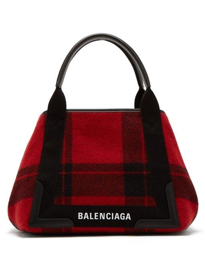 Balenciaga Red Checked Leather-trimmed Tartan Wool Shoulder Bag