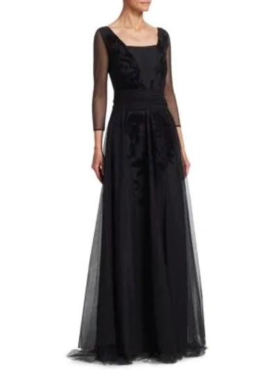Chiara Boni La Petite Robe Elise Illusion-sleeve Gown W/ Velvet Embroidery In Black