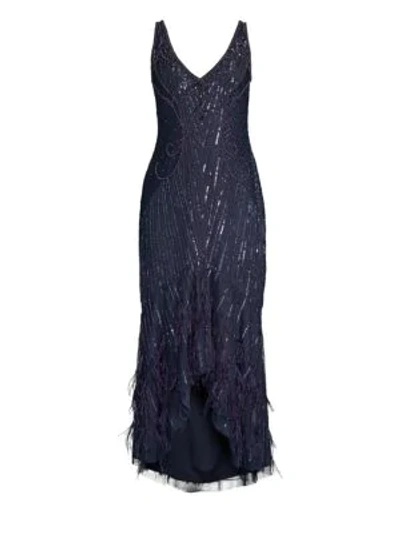 Parker Black Sydney Beaded High-low Gown Dress W/ Feather Hem In Steel Blue