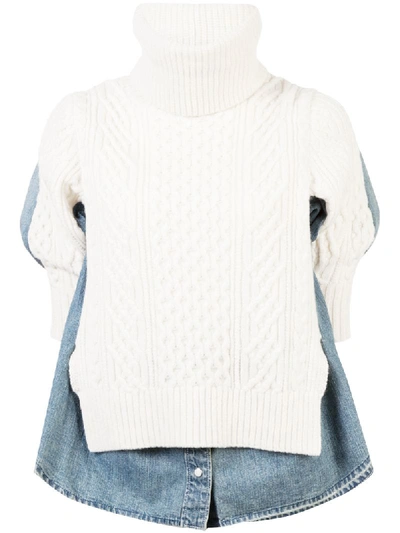 Sacai Turtleneck Elbow-sleeve Combo Denim & Cable-knit Pullover Top In Off White