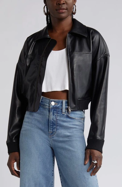 Open Edit Faux Leather Crop Bomber Jacket In Black