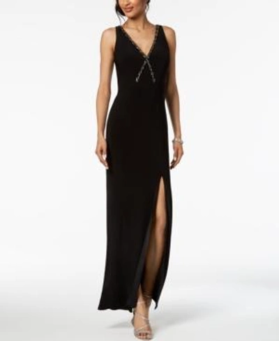 Adrianna Papell Beaded V-neck Gown In Black