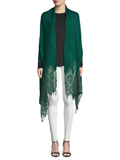 Valentino Lace-trimmed Plisse Silk Shawl In Emerald