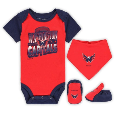 Mitchell & Ness Babies' Infant  Red/navy Washington Capitals Big Score 3-pack Bodysuit, Bib And Bootie Set