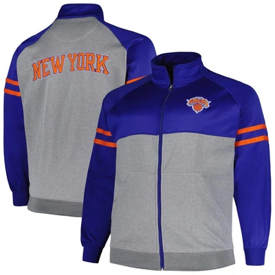 Fanatics Branded Blue/heather Gray New York Knicks Big & Tall Pieced Stripe Raglan Full-zip Track Ja In Blue,heather Gray