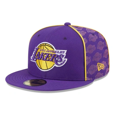 New Era Men's  Purple Los Angeles Lakers Piped And Flocked 59fifty Fitted Hat
