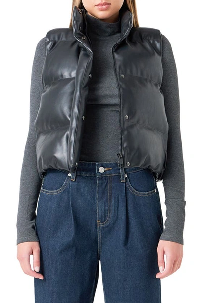 Grey Lab Crop Faux Leather Puffer Vest In Black