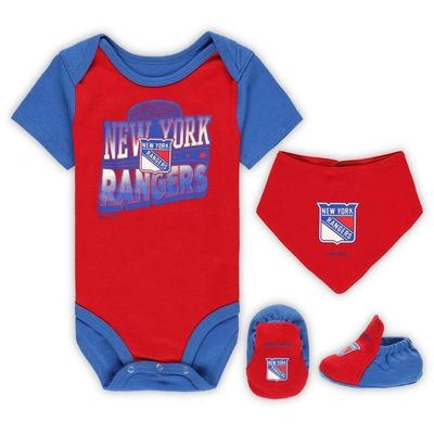 Mitchell & Ness Baby Boys And Girls  Red, Blue New York Rangers Big Score 3-pack Bodysuit, Bib And Bo In Red,blue