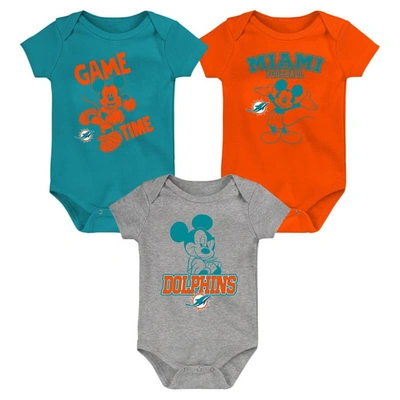 Outerstuff Babies' Newborn And Infant Boys And Girls Aqua, Orange, Gray Miami Dolphins Three-piece Disney Game Time Bod In Aqua,orange,gray