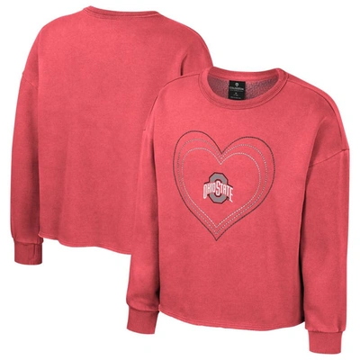 Colosseum Kids' Girls Youth  Scarlet Ohio State Buckeyes Audrey Washed Fleece Pullover Crewneck Sweatshirt In Red