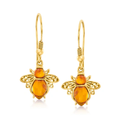 Ross-simons Amber Bumblebee Drop Earrings In 18kt Gold Over Sterling In Orange