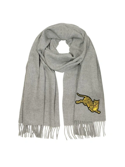 Kenzo Jumping Tiger Fringed Wool Scarf In Grey