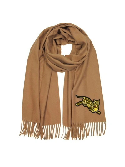 Kenzo Jumping Tiger Fringed Wool Scarf In Camel