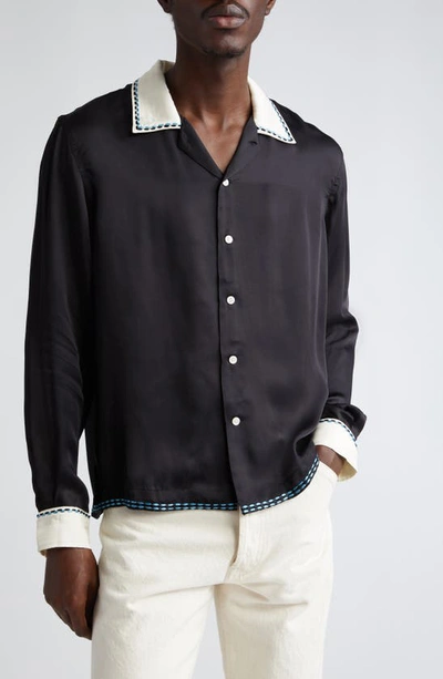 Bode Embroidered-design Spread-collar Shirt In Black Cream