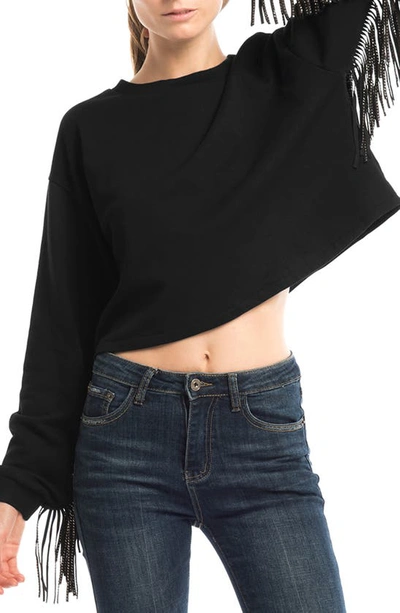 Gracia Fringe Trim Crop Sweater In Black