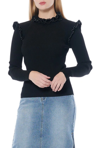 Gracia Imitation Pearl Ruffle Shoulder Long Sleeve Rib Knit Top In Black