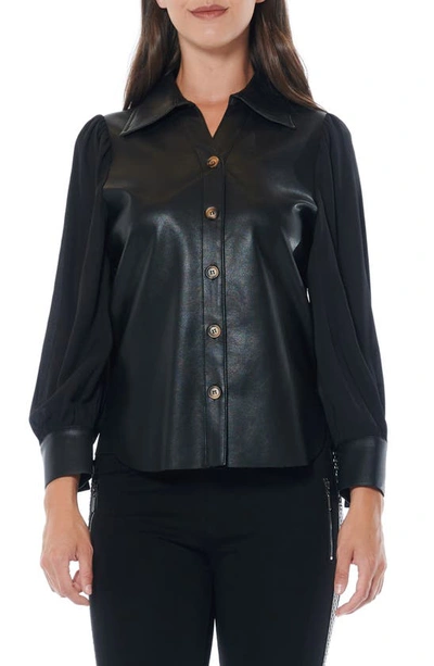 Gracia Faux Leather Chiffon Sleeve Button-up Blouse In Black